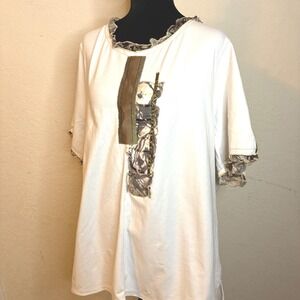 Alain Weiz White Shirt Abstract Geo Gold Brown Silk Accent Short Sleeve Size 20